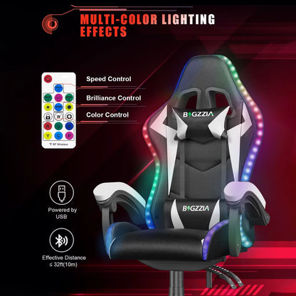 RGB Gaming Chair LED Lights Ergonomic Computer Chair Reclining PU Leather High Back Video Game Chair Adjustable Lumbar Support