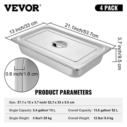 13L VEVOR 4 Pack Steam Table Pans 20.9 X 12.8 X 3.9 Inch Deep Steam Table Pans - Big Ass Store