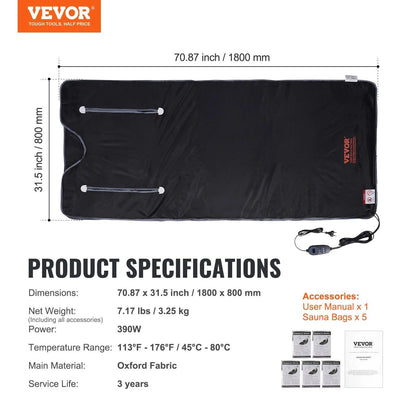 VEVOR Sauna Blanket for Detoxification, Portable Far Infrared Sauna for Home, Oxford Sauna Bag W/ Arm Holes & Carbon Fiber Heating, 1-6 Level Adjustable Temp 95-176¨H, 5-60 Minutes Timer, 71 X 31 In - Big Ass Store