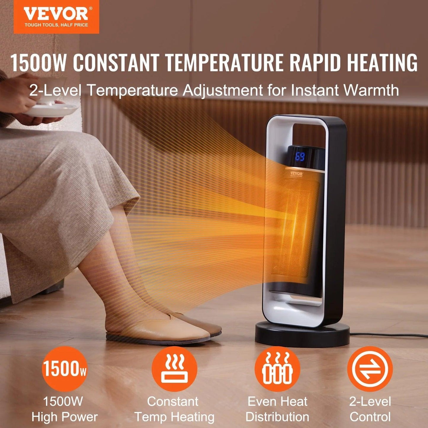 VEVOR Electric Space Heater with Thermostat Remote Control, 1000W/1500W 2-Level Adjustable Quiet Ceramic Heater Fan, 20 in Tip-Over Shutdown Overheat Protection Small Heaters for Office Room Desk Indo - Big Ass Store