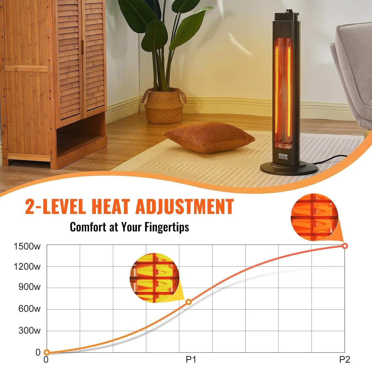 VEVOR Infrared Heater, 1500W Oscillation Electric Space Heater, Patio Heater W/ 2 Speeds & Timer, Outdoor/Outdoor for Bedroom,Studio,Porch,Dining Room,Studio, Stand,31.5 in L, Black - Big Ass Store