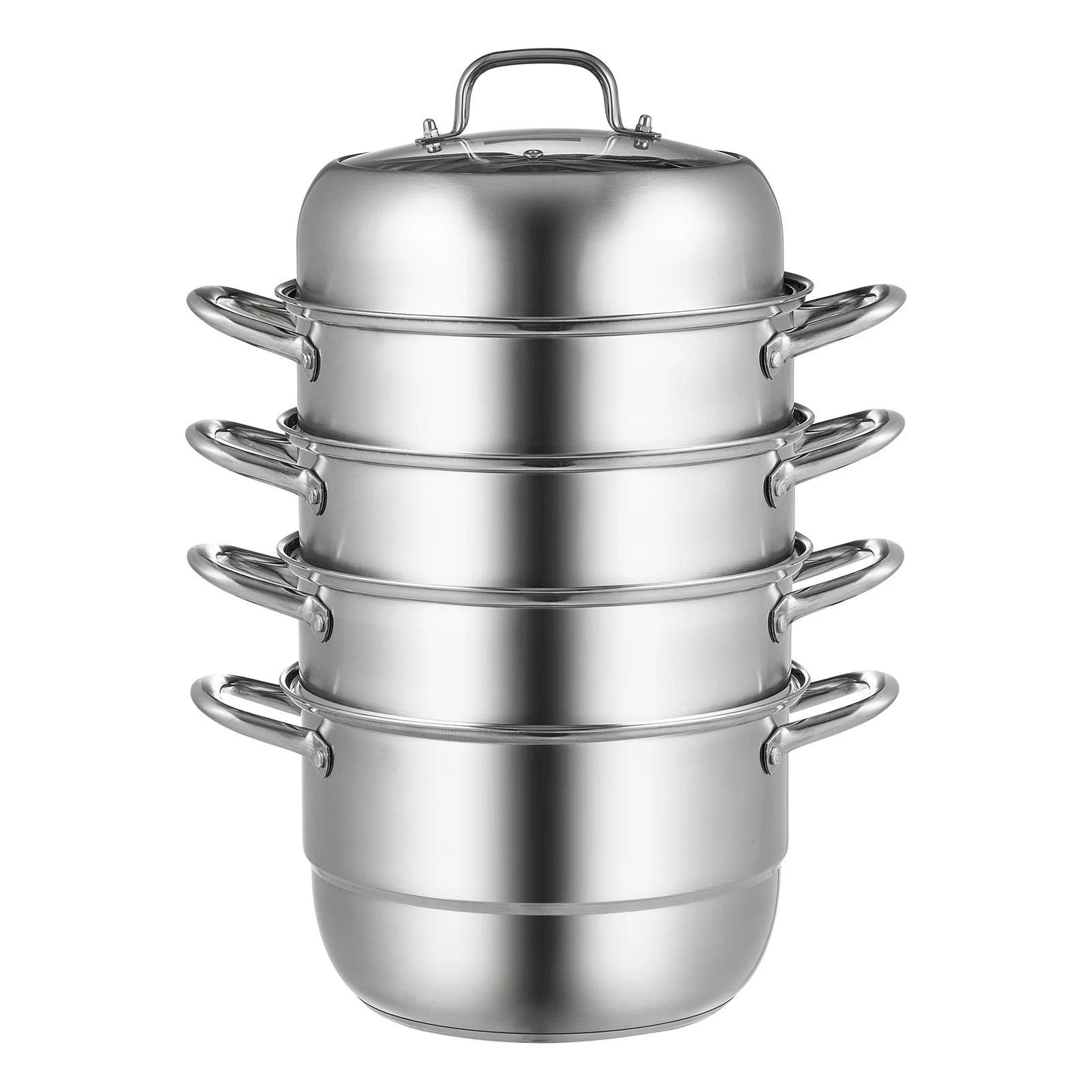 VEVOR 5-Tier Stainless Steel Steamer, 11'' Multi-Layer Cookware Pot with Handles on Both Sides, Work with Gas, Electric, Grill Stove Top, Dia-28Cm, Sliver - Big Ass Store