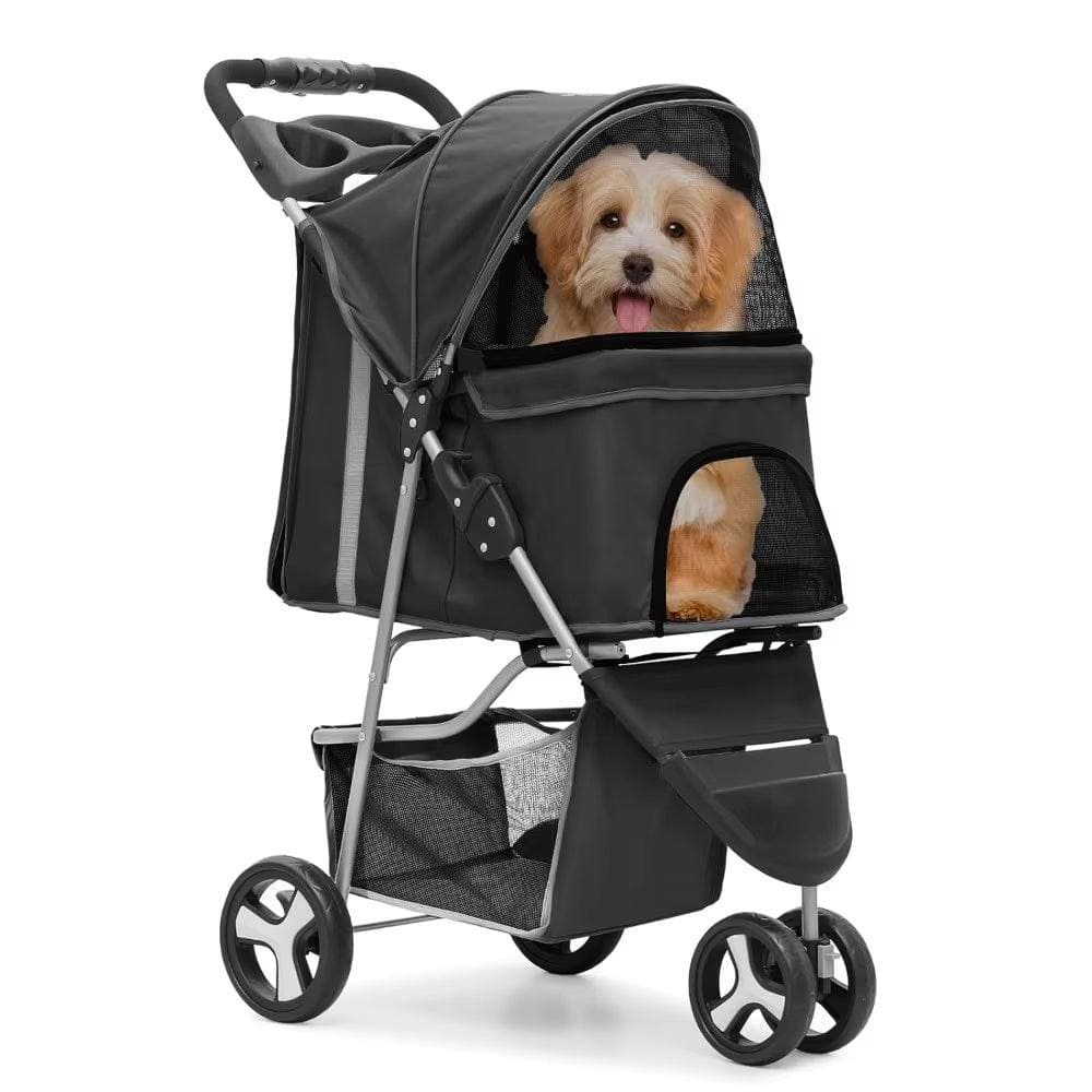 Foldable Pet Stroller with Weather Cover 3 Wheels Pet Strolling Cart for Small/Medium Dogs and Cats with Storage Basket - Big Ass Store