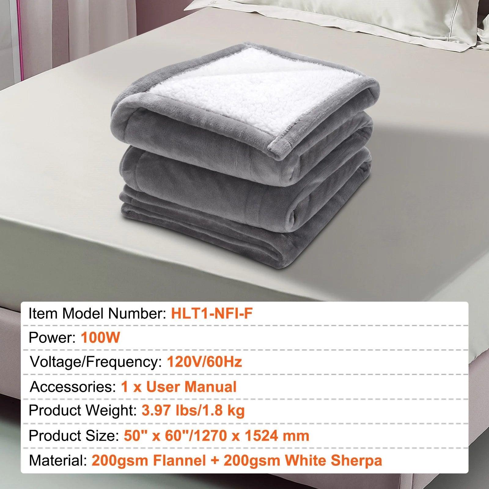 VEVOR Heated Blanket Electric Throw, 50" X 60" Twin Size, Soft Flannel & Sherpa Heating Blanket with 3 Hours Timer Auto-Off, 5 Heating Levels for Sofa, Machine Washable, ETL & FCC Certification (Grey) - Big Ass Store