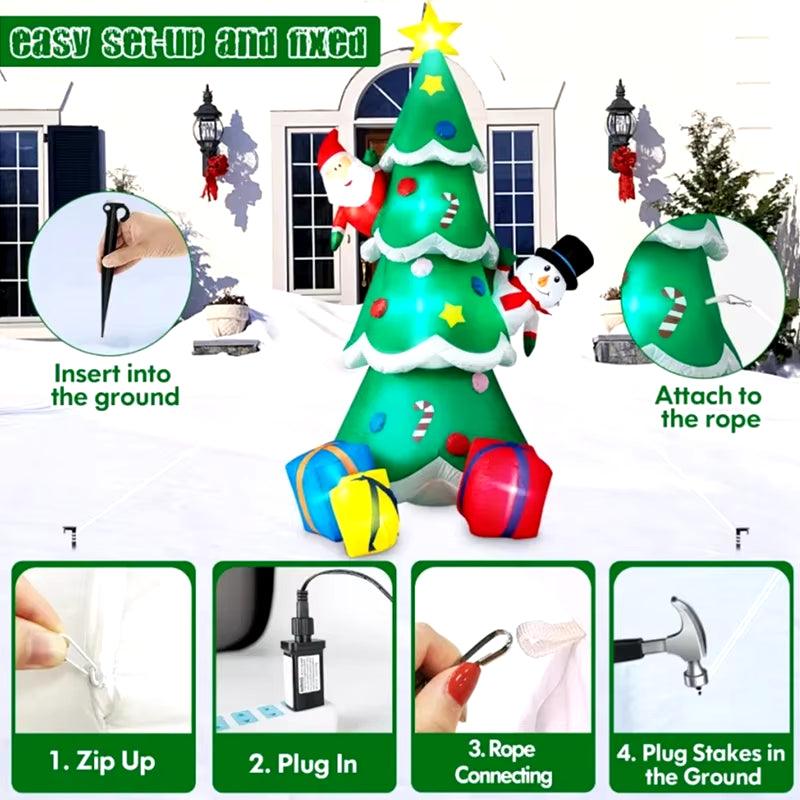 7-1/2 FT/2.4M Christmas Inflatable Tree with Santa and Snowman Outdoor Decorations, Blow up Christmas Tree with 3 Gift Boxes Bright LED Yard Decoration - Big Ass Store