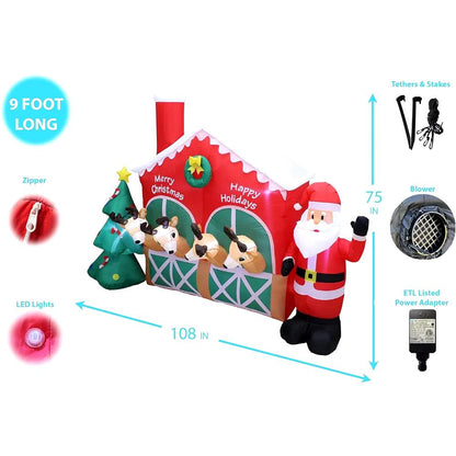 9 Foot Long Christmas Inflatable Santa Claus Reindeer in Stable with Christmas Tree Cute Lights Lighted Blowup Party Decoration - Big Ass Store