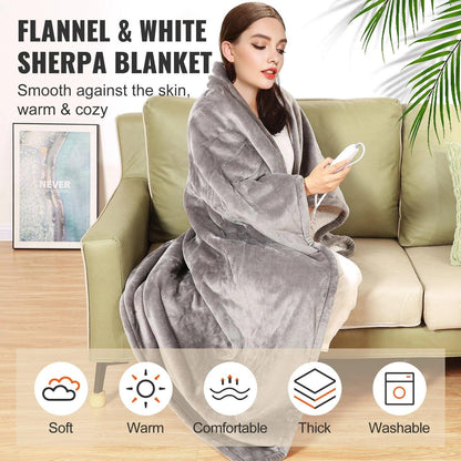 VEVOR Heated Blanket Electric Throw, 50" X 60" Twin Size, Soft Flannel & Sherpa Heating Blanket with 3 Hours Timer Auto-Off, 5 Heating Levels for Sofa, Machine Washable, ETL & FCC Certification (Grey) - Big Ass Store