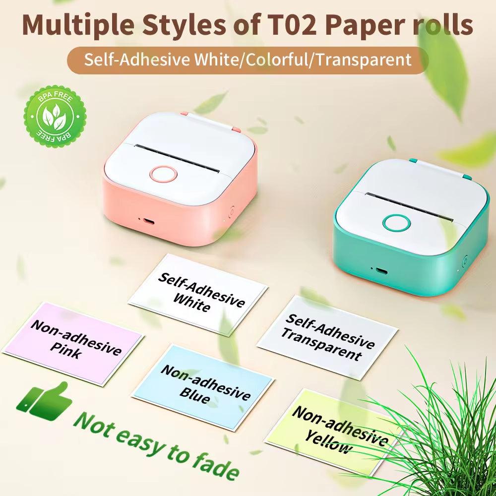 T02 Mini Printer Portable Printer Thermal Printing Sticker Wireless Inkless Pocket Printer Self-Adhesive Label Printer - Big Ass Store