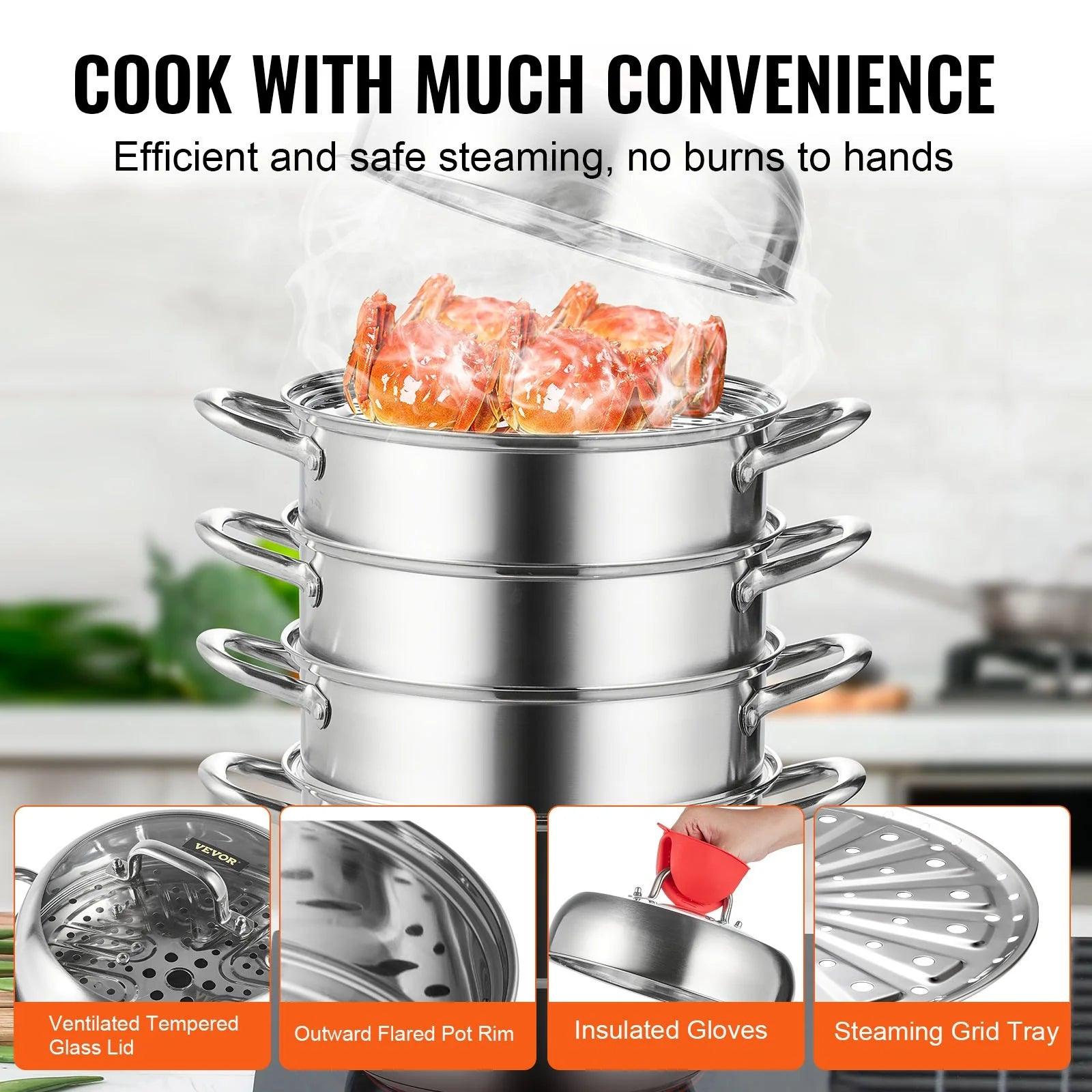 VEVOR 5-Tier Stainless Steel Steamer, 11'' Multi-Layer Cookware Pot with Handles on Both Sides, Work with Gas, Electric, Grill Stove Top, Dia-28Cm, Sliver - Big Ass Store