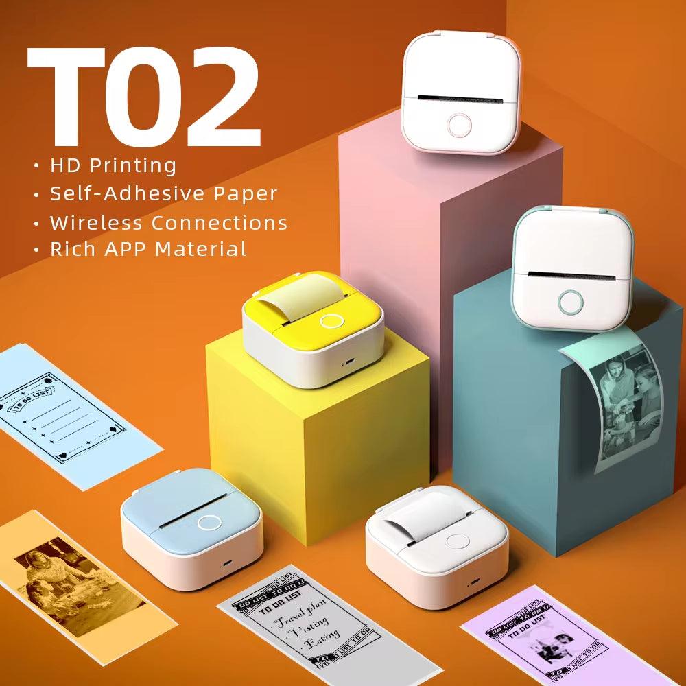 T02 Mini Printer Portable Printer Thermal Printing Sticker Wireless Inkless Pocket Printer Self-Adhesive Label Printer - Big Ass Store