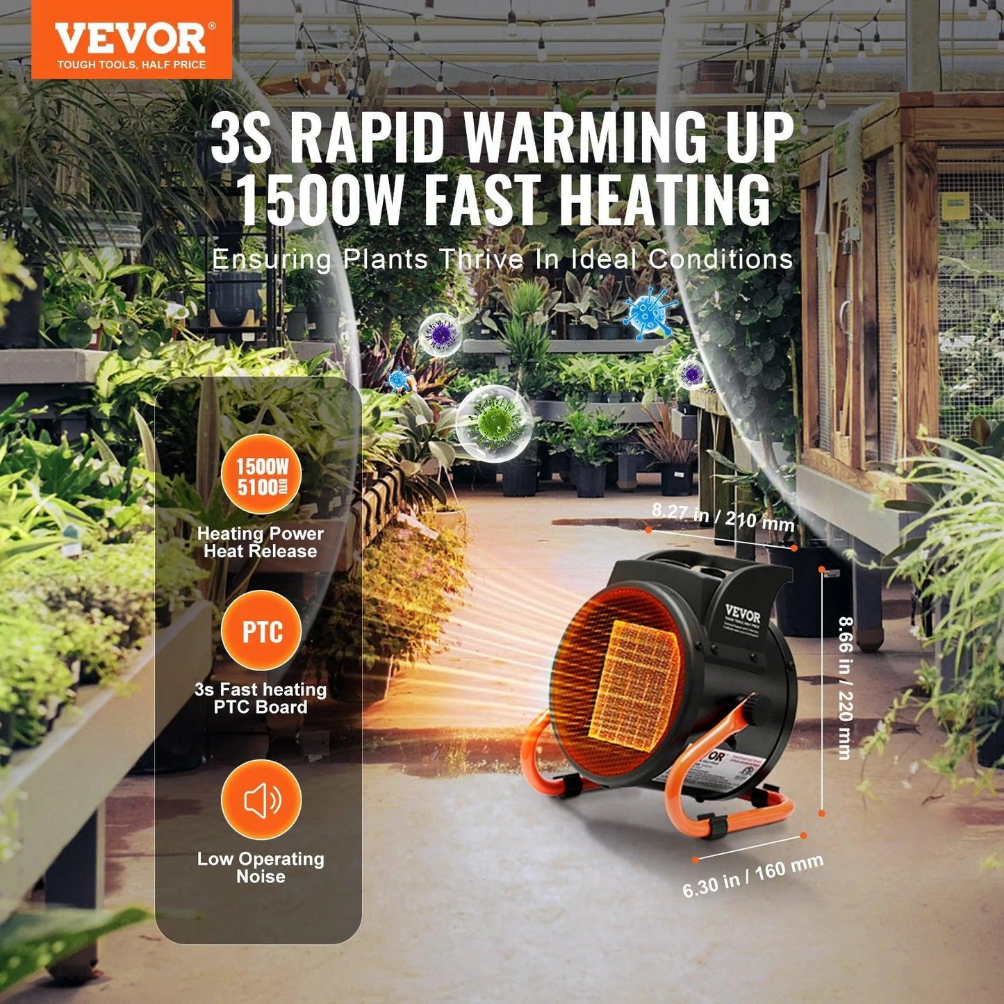 VEVOR Greenhouse Heater with Thermostat, 1500W PTC Fast Heating with Overheat Protection, 3-Speed Setting Small Grow Tent Heater, Electric Portable Heater Fan for Green House, Flower Room, Workplace - Big Ass Store