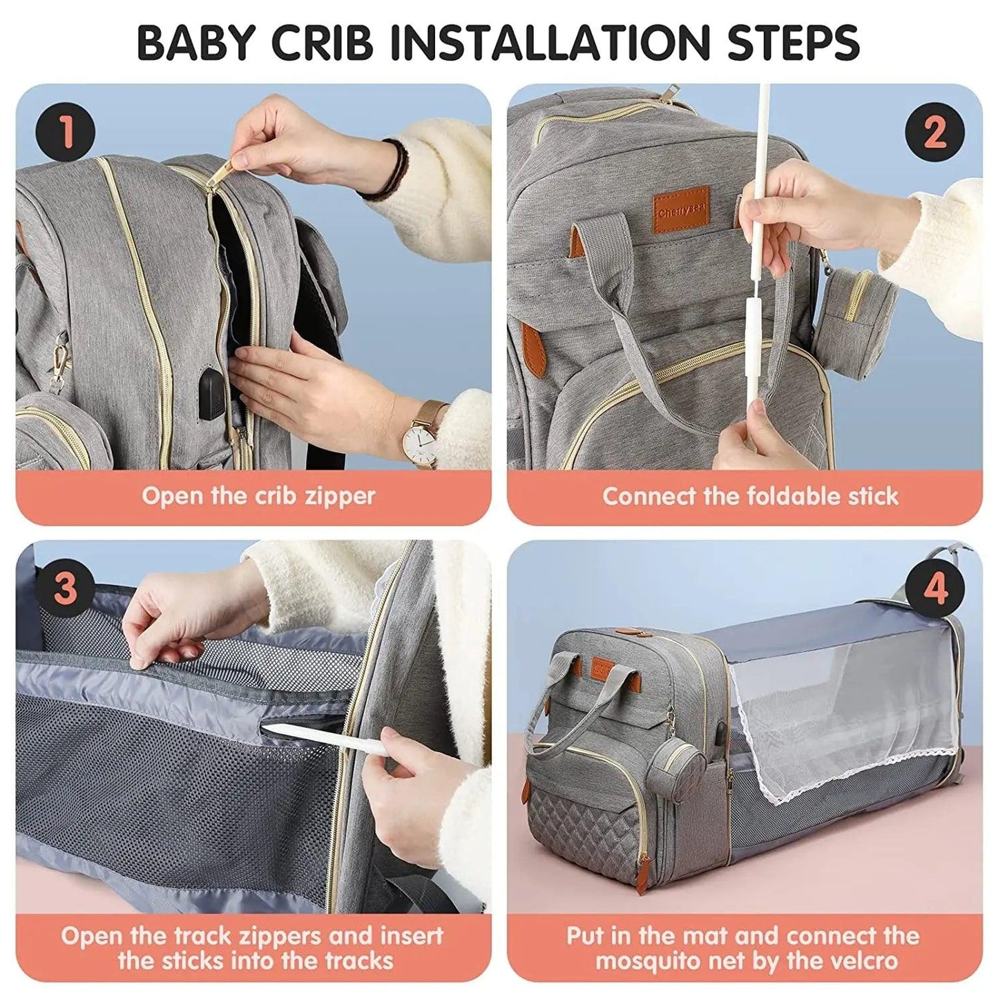 3 in 1 Diaper Bag Backpack Foldable Baby Bed Waterproof Travel Bag with USB Charge Diaper Bag Backpack with Changing Bed 3 Types - Big Ass Store