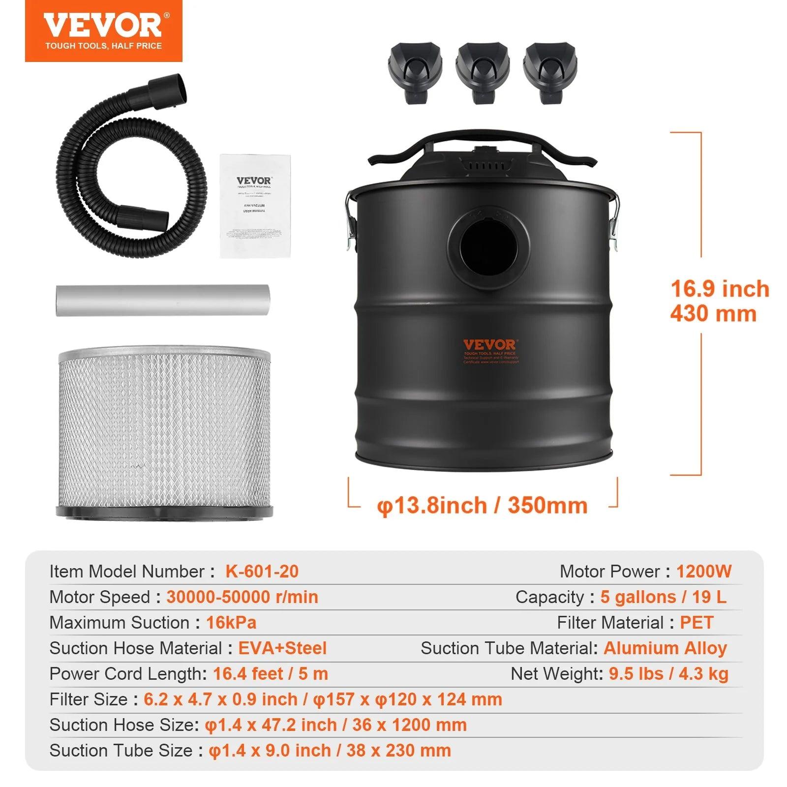 VEVOR Ash Vacuum Cleaner 5 Gallon 1200W for Fireplaces, Pellet, Stoves, BBQ Grills and Much More! - Big Ass Store