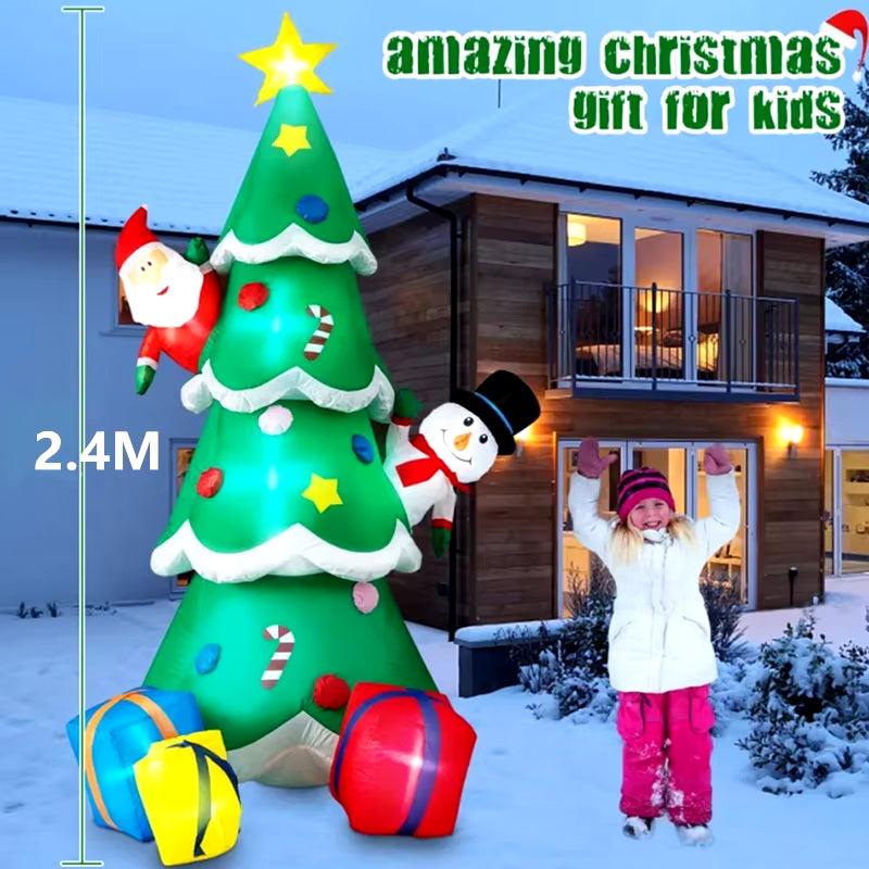 7-1/2 FT/2.4M Christmas Inflatable Tree with Santa and Snowman Outdoor Decorations, Blow up Christmas Tree with 3 Gift Boxes Bright LED Yard Decoration - Big Ass Store