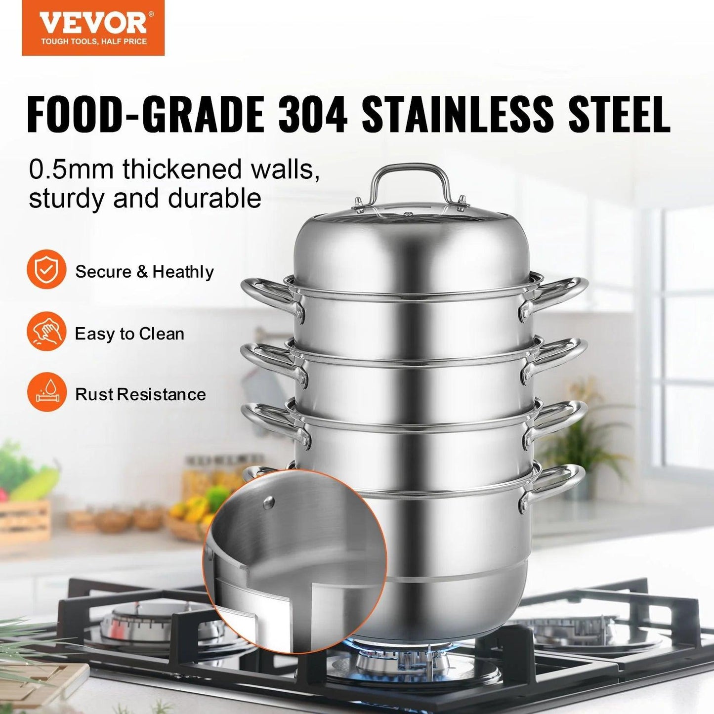 VEVOR 5-Tier Stainless Steel Steamer, 11'' Multi-Layer Cookware Pot with Handles on Both Sides, Work with Gas, Electric, Grill Stove Top, Dia-28Cm, Sliver - Big Ass Store