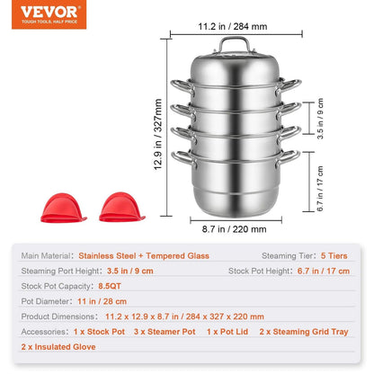 VEVOR 5-Tier Stainless Steel Steamer, 11'' Multi-Layer Cookware Pot with Handles on Both Sides, Work with Gas, Electric, Grill Stove Top, Dia-28Cm, Sliver - Big Ass Store