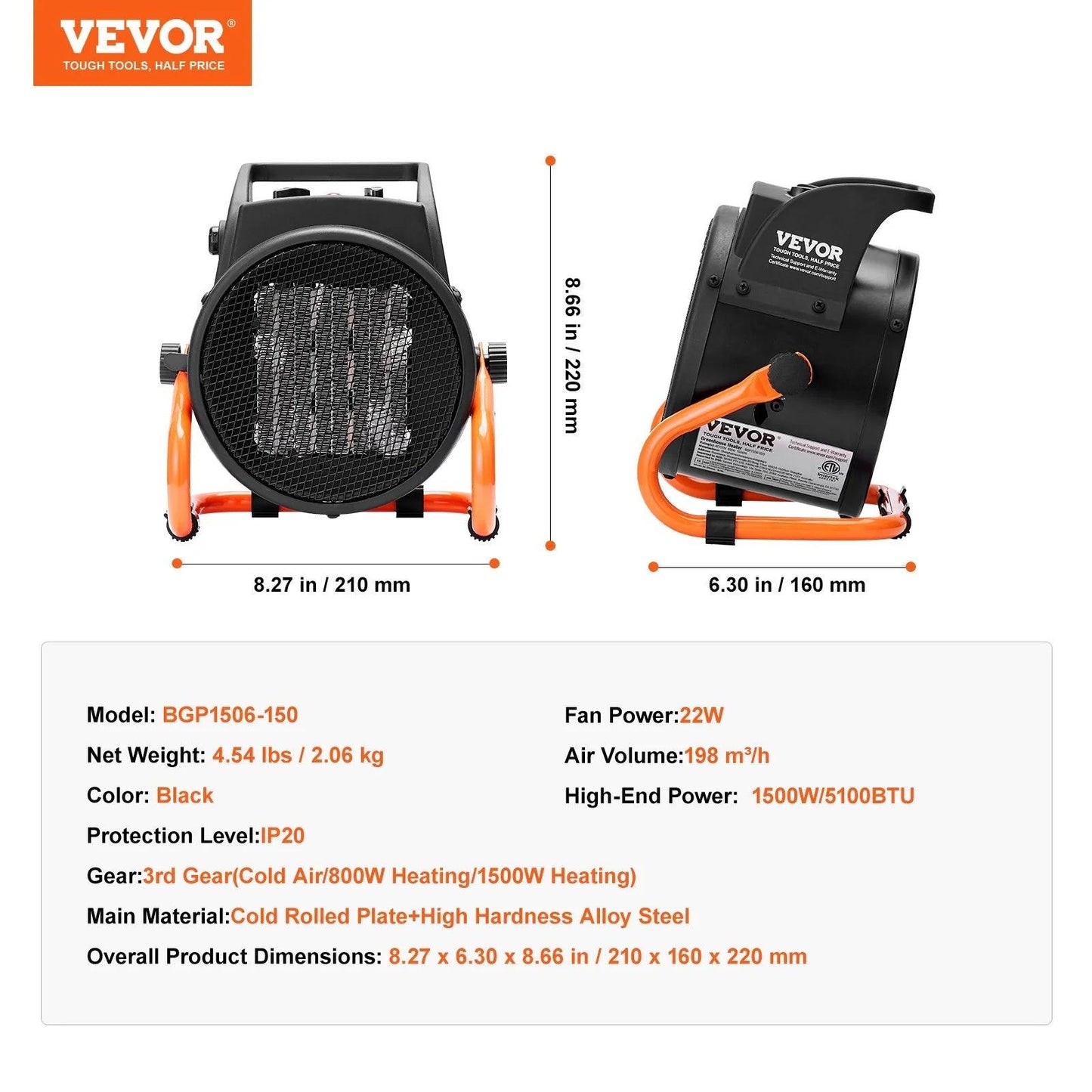 VEVOR Greenhouse Heater with Thermostat, 1500W PTC Fast Heating with Overheat Protection, 3-Speed Setting Small Grow Tent Heater, Electric Portable Heater Fan for Green House, Flower Room, Workplace - Big Ass Store