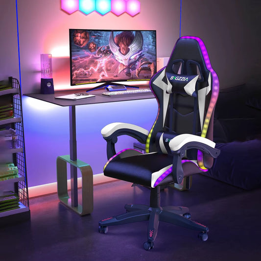 RGB Gaming Chair LED Lights Ergonomic Computer Chair Reclining PU Leather High Back Video Game Chair Adjustable Lumbar Support