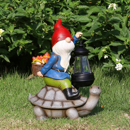 Gnome and Turtle Garden Decor, Large Outdoor Garden Sculptures & Statues, outside Patio Yard Lawn Decorations, Housewarming for Women, Mom, Grandma with Solar Lantern - Big Ass Store