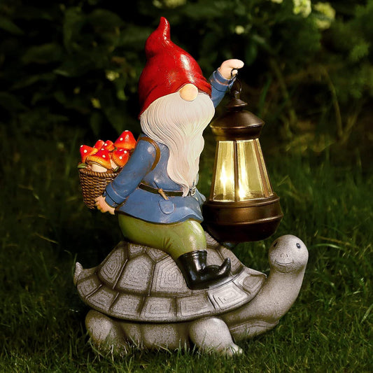 Gnome and Turtle Garden Decor, Large Outdoor Garden Sculptures & Statues, outside Patio Yard Lawn Decorations, Housewarming for Women, Mom, Grandma with Solar Lantern - Big Ass Store