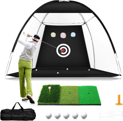 Golf Practice Net with Tri-Turf Golf Mat guru Golf Net, All-in-1 Golf Practice Net with 1 Golf Mat, 5 Golf Balls, 1 Golf Tee, Golf Net for Backyard Driving Chipping Ind, 10 x 7 Ft - Big Ass Store