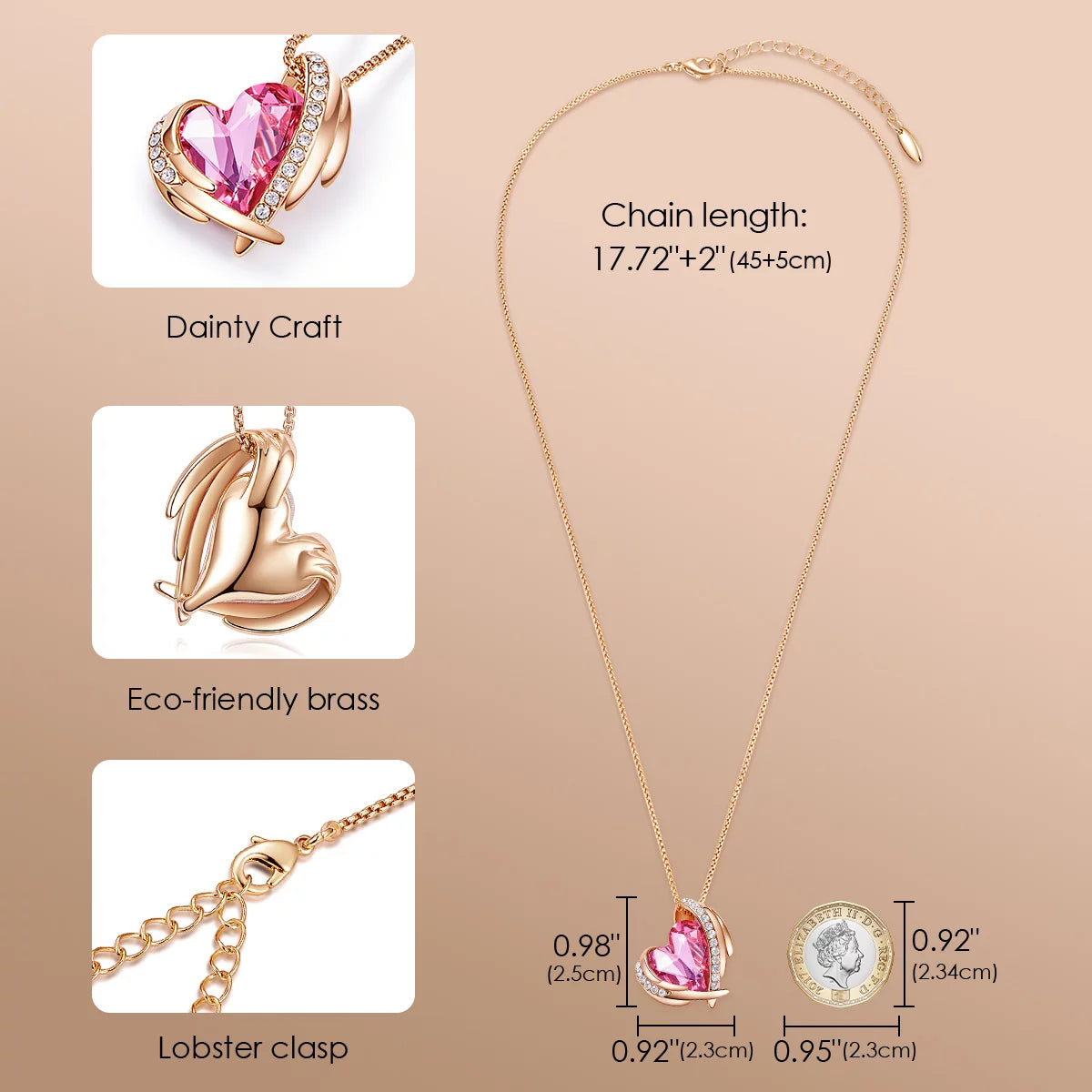 Heart Shaped Red Crystal Necklace, Rose Gold Plated, 17" +2" Length, Includes Gift Box