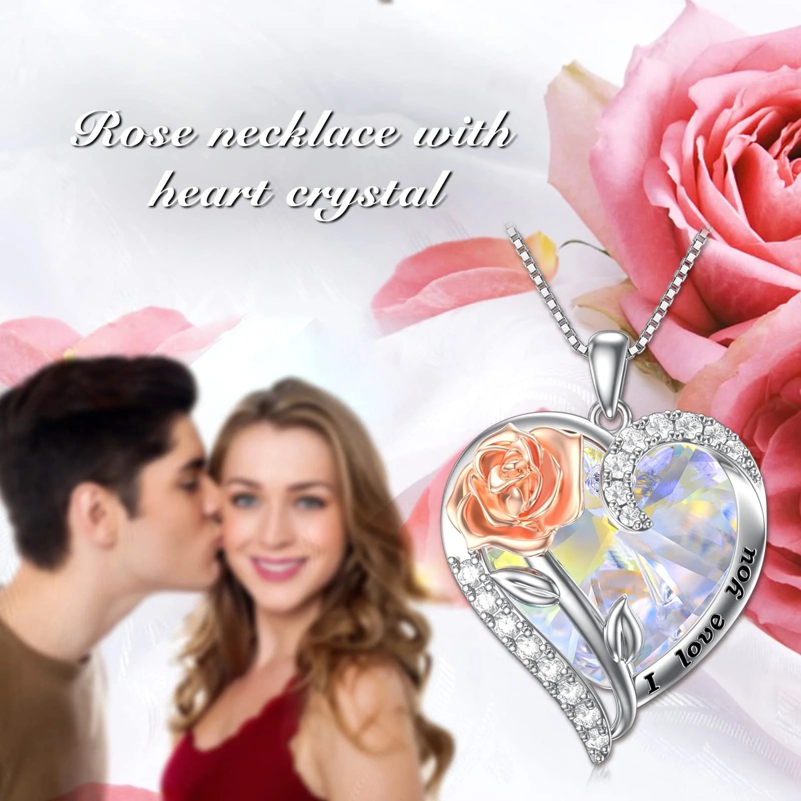 Sterling Silver Rose Flower Pendant Necklace Heart Crystal Pendant