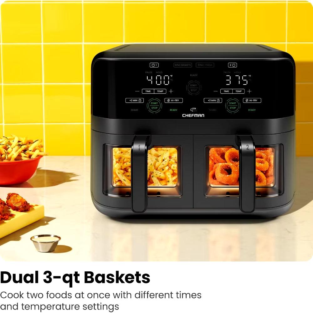 6 Quart Dual Basket Air Fryer Oven with Easy View Windows, Sync Finish, Hi-Fry, Auto Shutoff, 2 Independent Fryers! - Big Ass Store