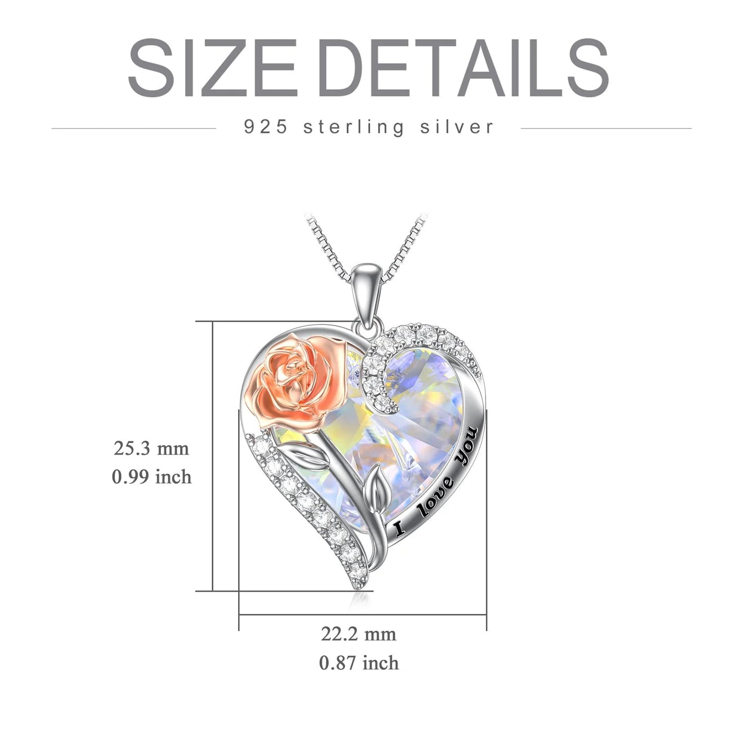 Sterling Silver Rose Flower Pendant Necklace Heart Crystal Pendant