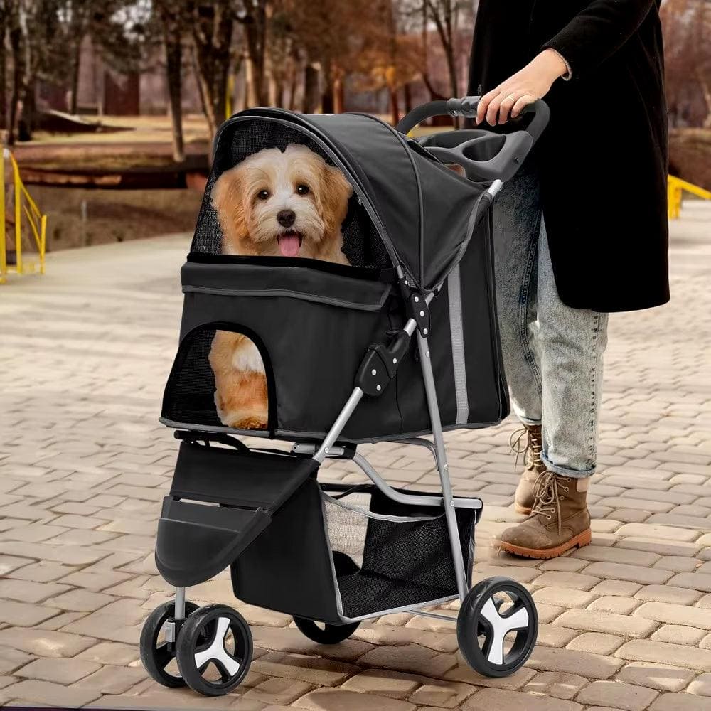 Foldable Pet Stroller with Weather Cover 3 Wheels Pet Strolling Cart for Small/Medium Dogs and Cats with Storage Basket - Big Ass Store