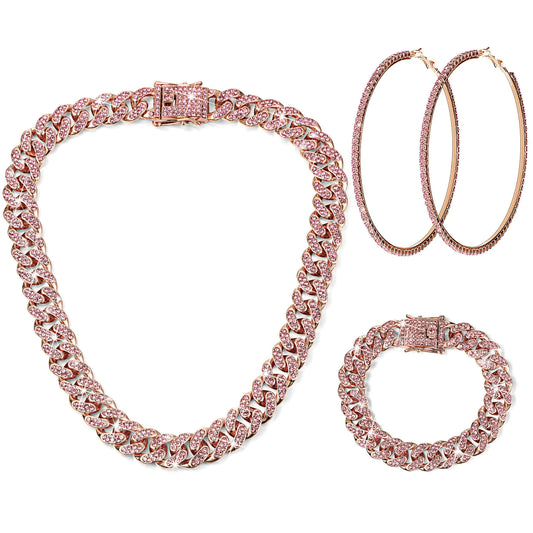 Batiyeer Cuban Link Chain Necklace Bracelet Rhinestone Earrings Bling Necklace Bracelet Crystal Big Circle Earring for Women 16 Inch Rose Gold Pink