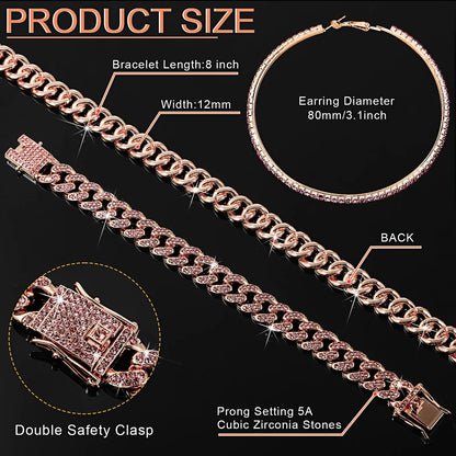 Batiyeer Cuban Link Chain Necklace Bracelet Rhinestone Earrings Bling Necklace Bracelet Crystal Big Circle Earring for Women 16 Inch Rose Gold Pink