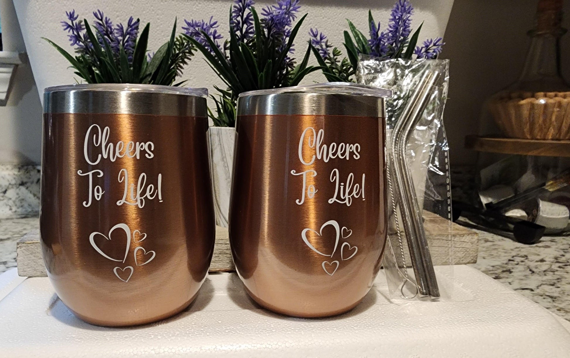 2-Set 12 oz. Copper-Bronze Color Double Wall Wine Tumbler With Lid, 2 Straws and 1 Cleaning Brush - Big Ass Store