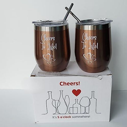 2-Set 12 oz. Copper-Bronze Color Double Wall Wine Tumbler With Lid, 2 Straws and 1 Cleaning Brush - Big Ass Store