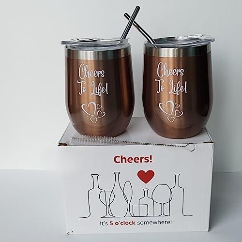 2-Set 12 oz. Copper-Bronze Color Double Wall Wine Tumbler With Lid, 2 Straws and 1 Cleaning Brush - Big Ass Store