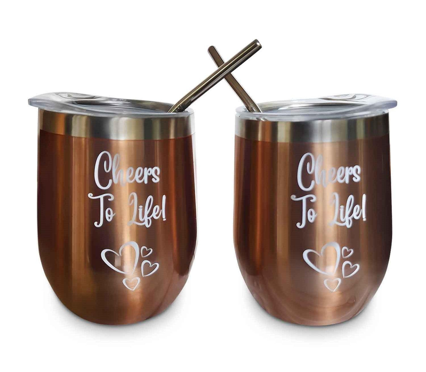 2-Set 12 oz. Copper-Bronze Color Double Wall Wine Tumbler With Lid, 2 Straws and 1 Cleaning Brush - Big Ass Store