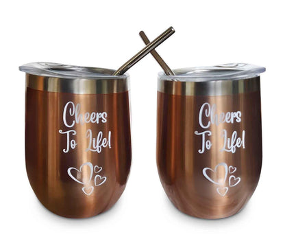 2-Set 12 oz. Copper-Bronze Color Double Wall Wine Tumbler With Lid, 2 Straws and 1 Cleaning Brush - Big Ass Store