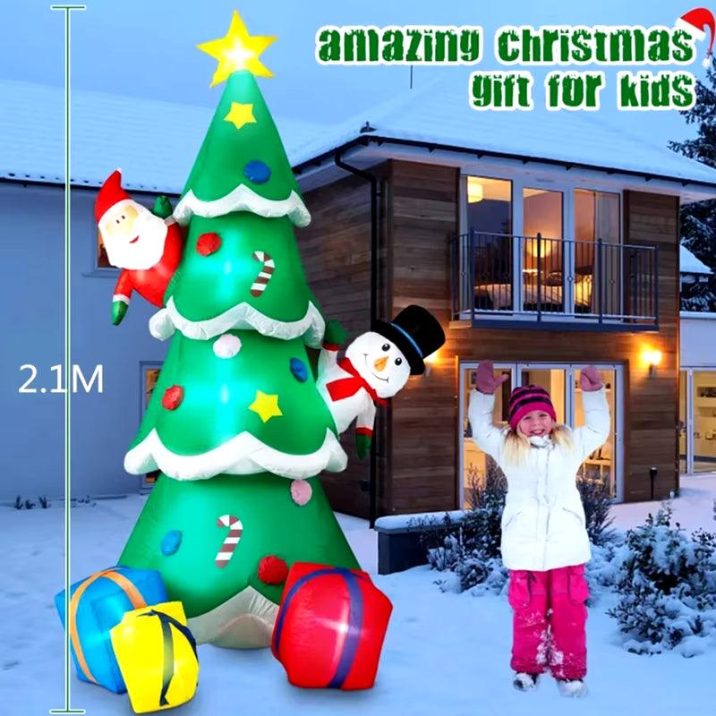 7-1/2 FT/2.4M Christmas Inflatable Tree with Santa and Snowman Outdoor Decorations, Blow up Christmas Tree with 3 Gift Boxes Bright LED Yard Decoration - Big Ass Store