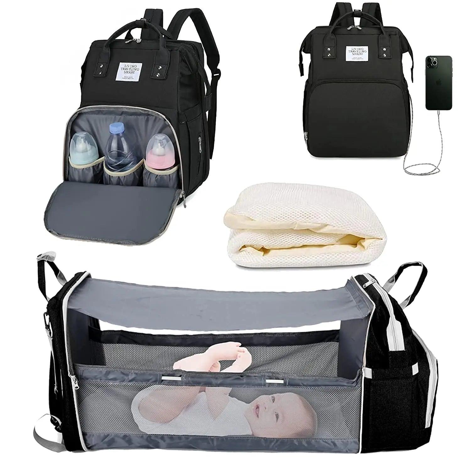 3 in 1 Diaper Bag Backpack Foldable Baby Bed Waterproof Travel Bag with USB Charge Diaper Bag Backpack with Changing Bed 3 Types - Big Ass Store