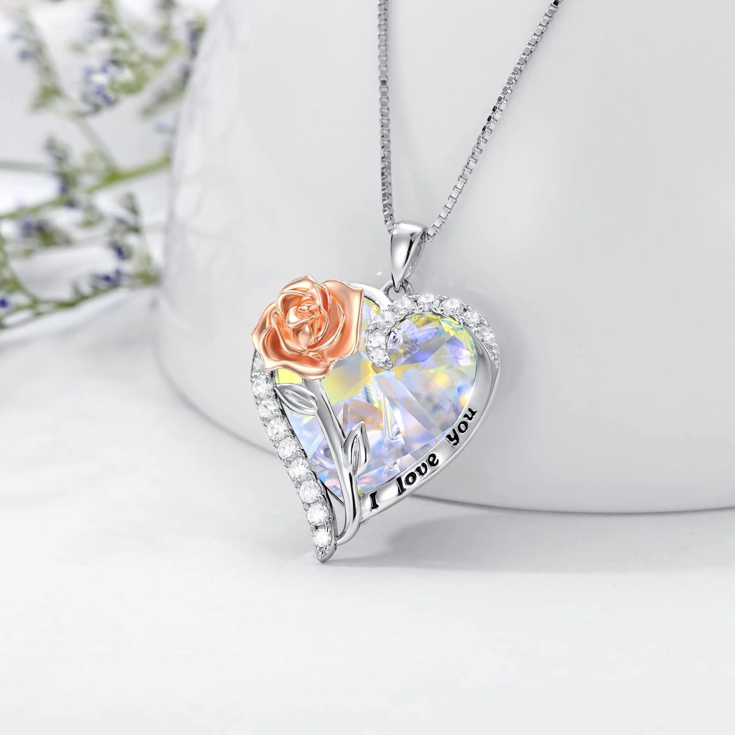 Sterling Silver Rose Flower Pendant Necklace Heart Crystal Pendant