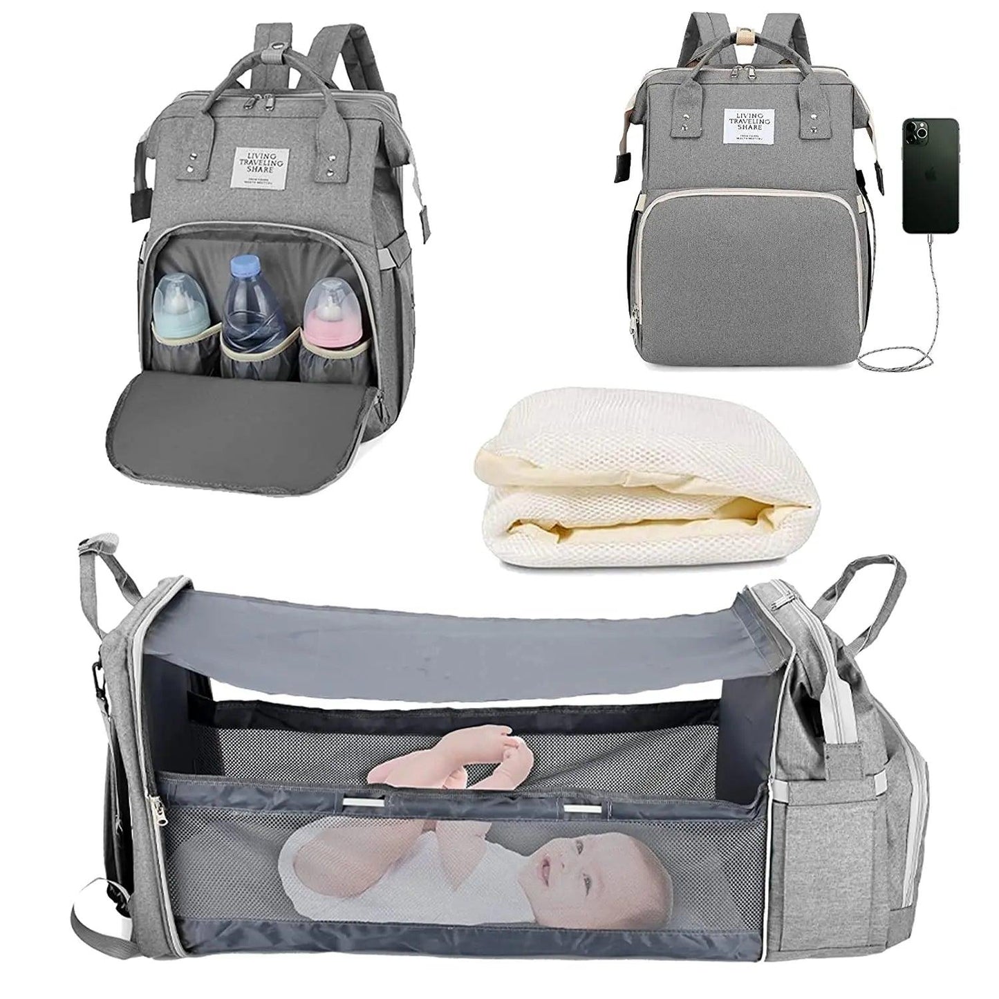 3 in 1 Diaper Bag Backpack Foldable Baby Bed Waterproof Travel Bag with USB Charge Diaper Bag Backpack with Changing Bed 3 Types - Big Ass Store