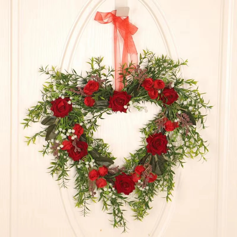 15.74" Valentine's Day Heart Flower Red Rose Floral Wreath