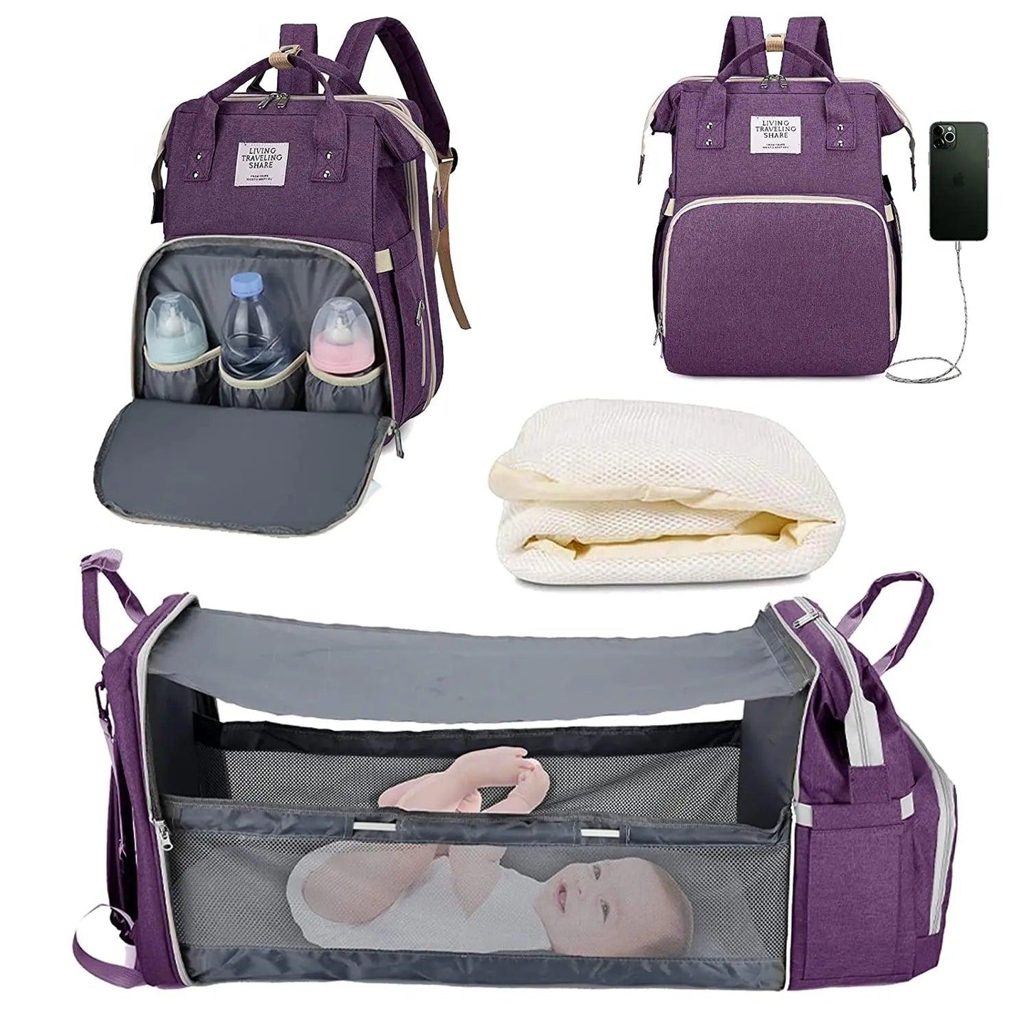 3 in 1 Diaper Bag Backpack Foldable Baby Bed Waterproof Travel Bag with USB Charge Diaper Bag Backpack with Changing Bed 3 Types - Big Ass Store