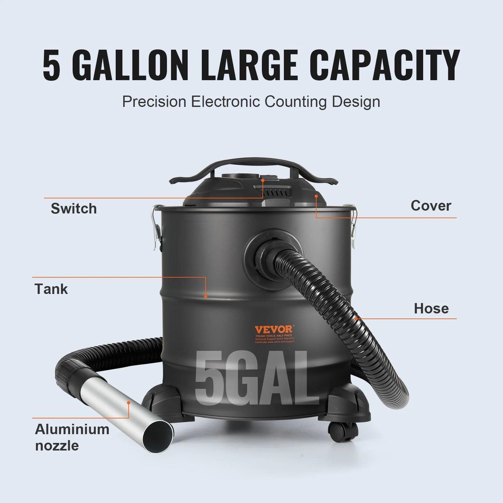 VEVOR Ash Vacuum Cleaner 5 Gallon 1200W for Fireplaces, Pellet, Stoves, BBQ Grills and Much More! - Big Ass Store