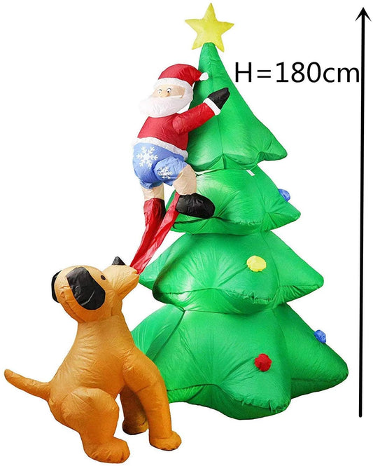 6FT /1.8M Auto-Inflatable Christmas Santa Claus Climbing Tree Chased by Dog Yard Ourdoor Garden Decoration - Big Ass Store