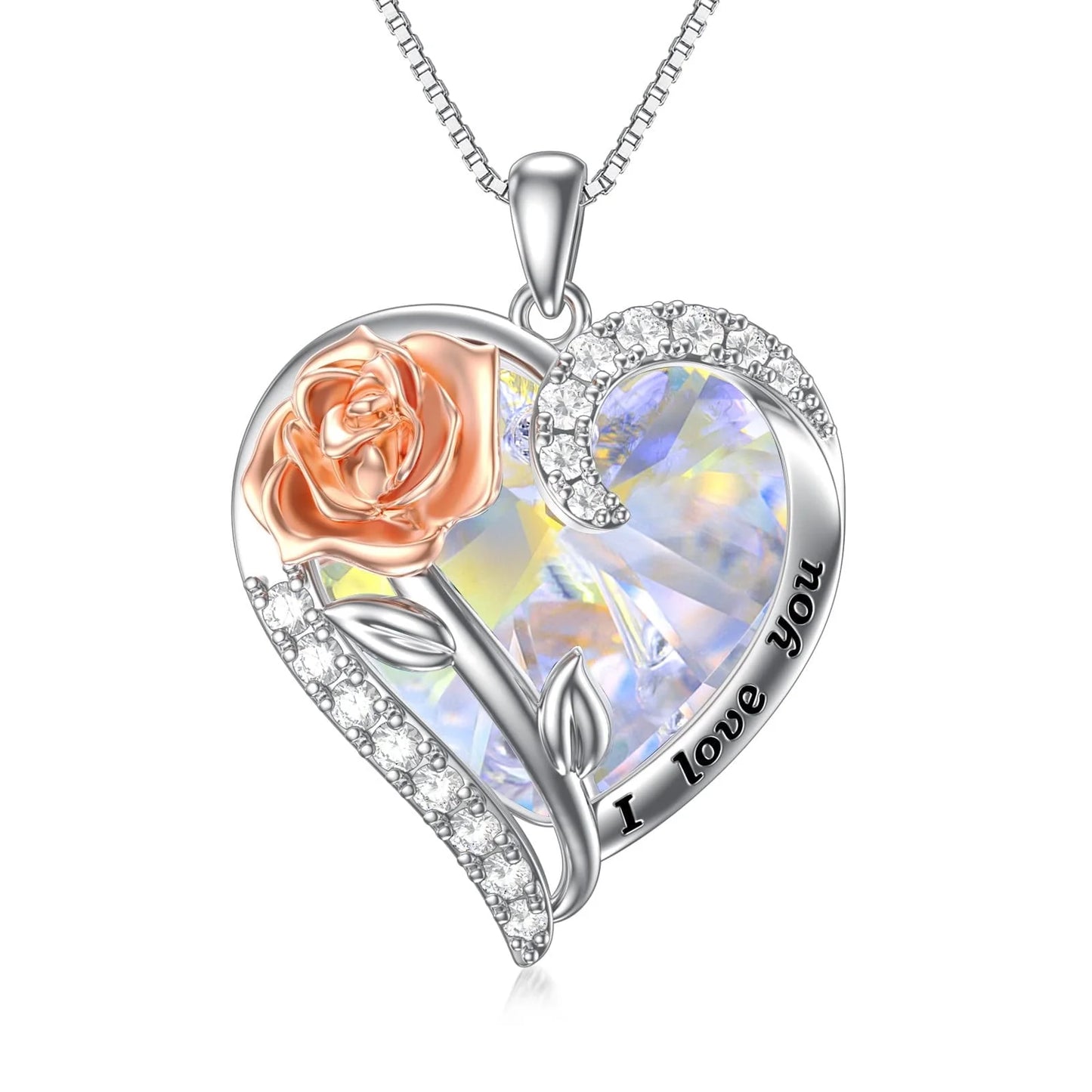 Sterling Silver Rose Flower Pendant Necklace Heart Crystal Pendant