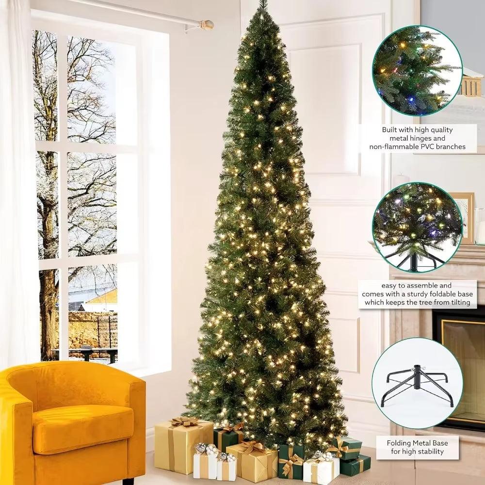 Artificial Christmas Tree with 1102 Branch Tips, 350 Warm Lights and Metal Stand 34" Wide Realistic Skinny Pencil Christmas Tree - Big Ass Store