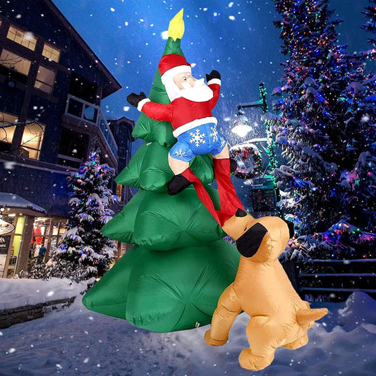 6FT /1.8M Auto-Inflatable Christmas Santa Claus Climbing Tree Chased by Dog Yard Ourdoor Garden Decoration - Big Ass Store