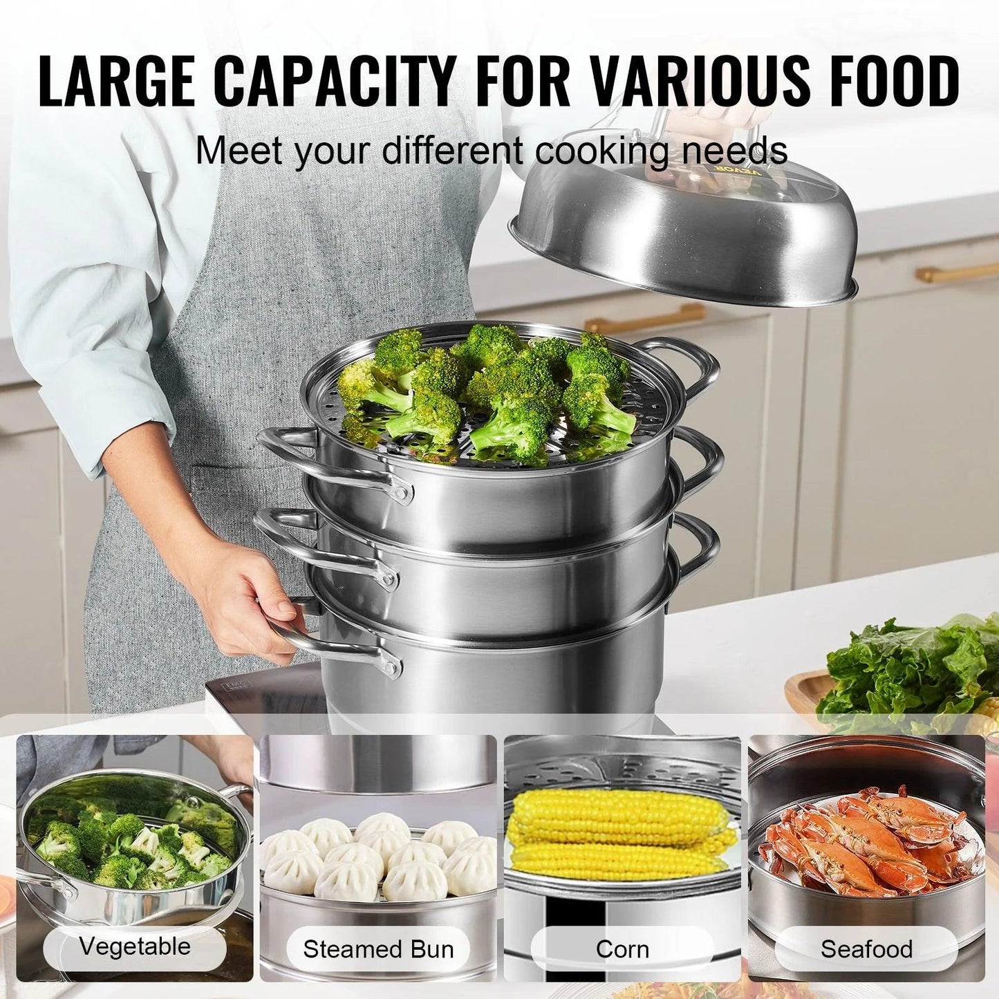 VEVOR 5-Tier Stainless Steel Steamer, 11'' Multi-Layer Cookware Pot with Handles on Both Sides, Work with Gas, Electric, Grill Stove Top, Dia-28Cm, Sliver - Big Ass Store