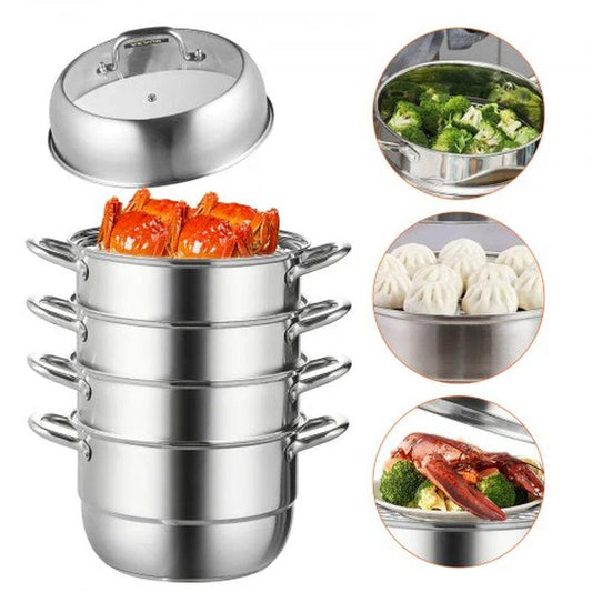 VEVOR 5-Tier Stainless Steel Steamer, 11'' Multi-Layer Cookware Pot with Handles on Both Sides, Work with Gas, Electric, Grill Stove Top, Dia-28Cm, Sliver - Big Ass Store